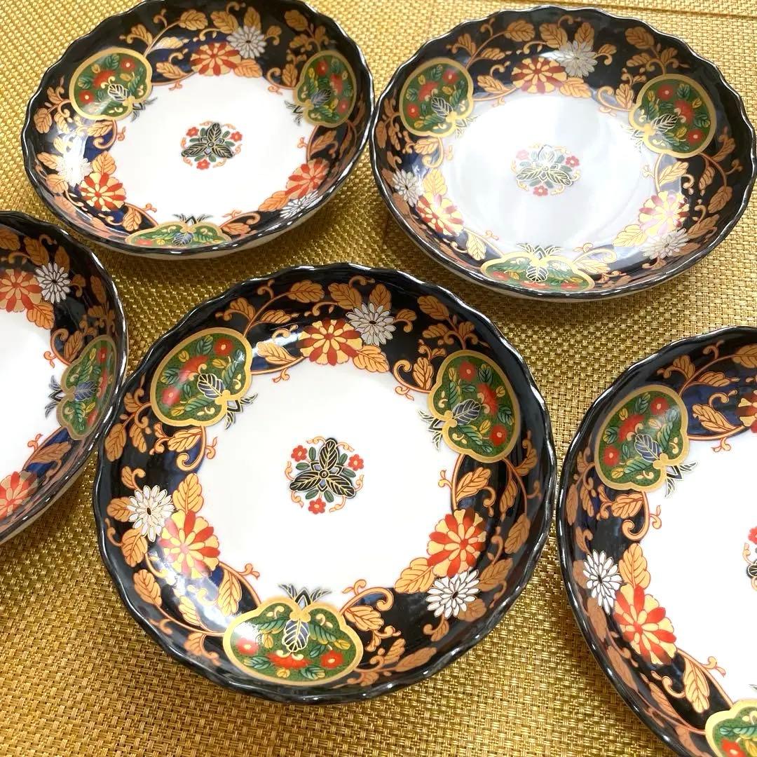 美濃焼 吾山窯 5寸 お正月 食器 金彩 染錦 草花文 輪花 皿 5枚 セット