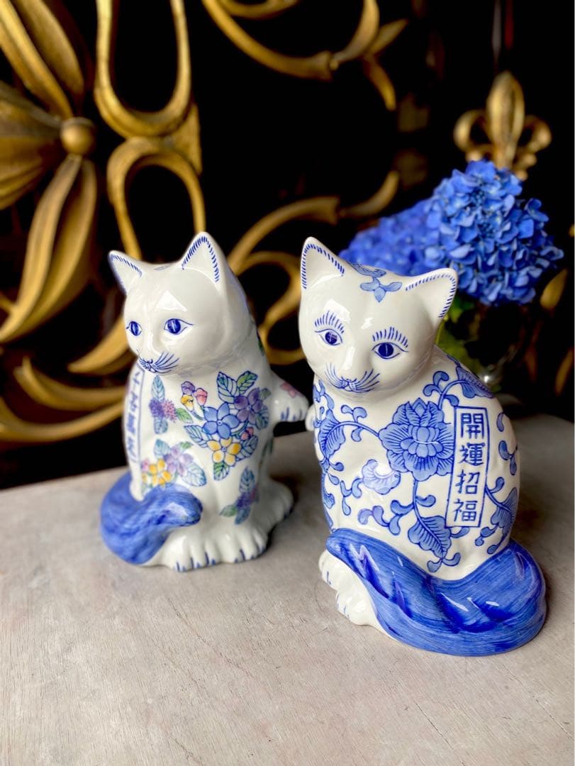 猫 セット ペア置物 開運招福 千客萬来 昭和レトロ 招き猫 縁起物 インテリア