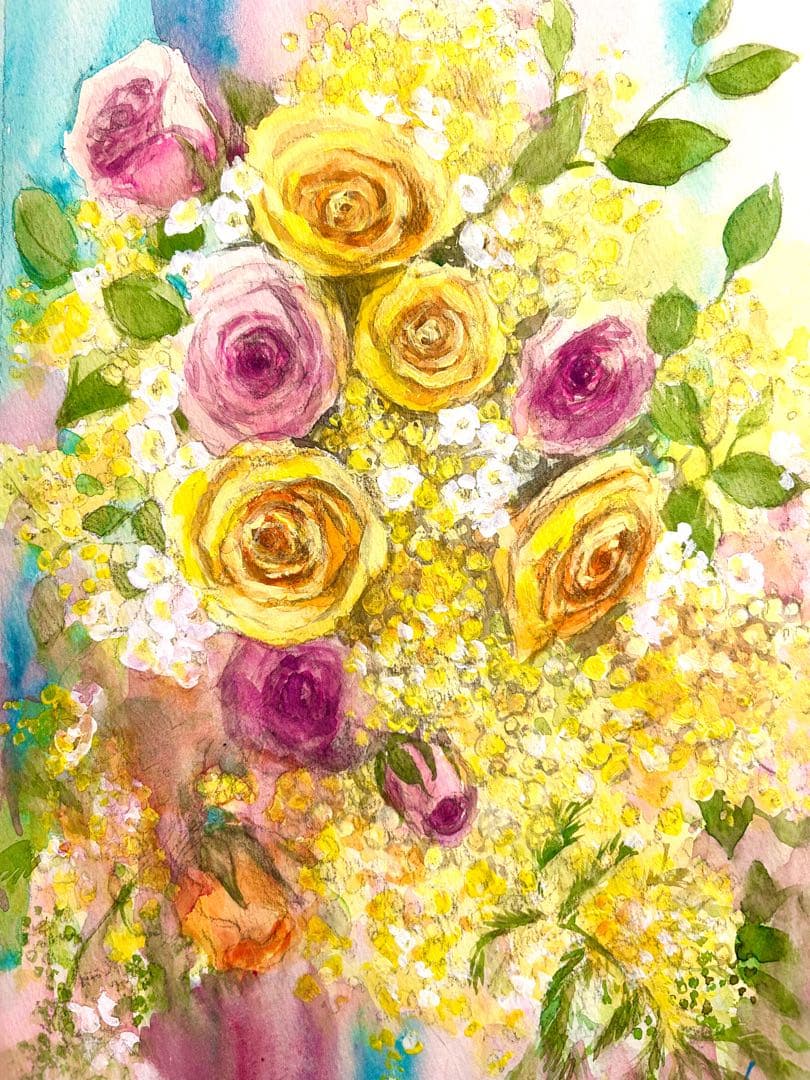 薔薇とミモザ　水彩画　A4サイズ ホワイト額入り