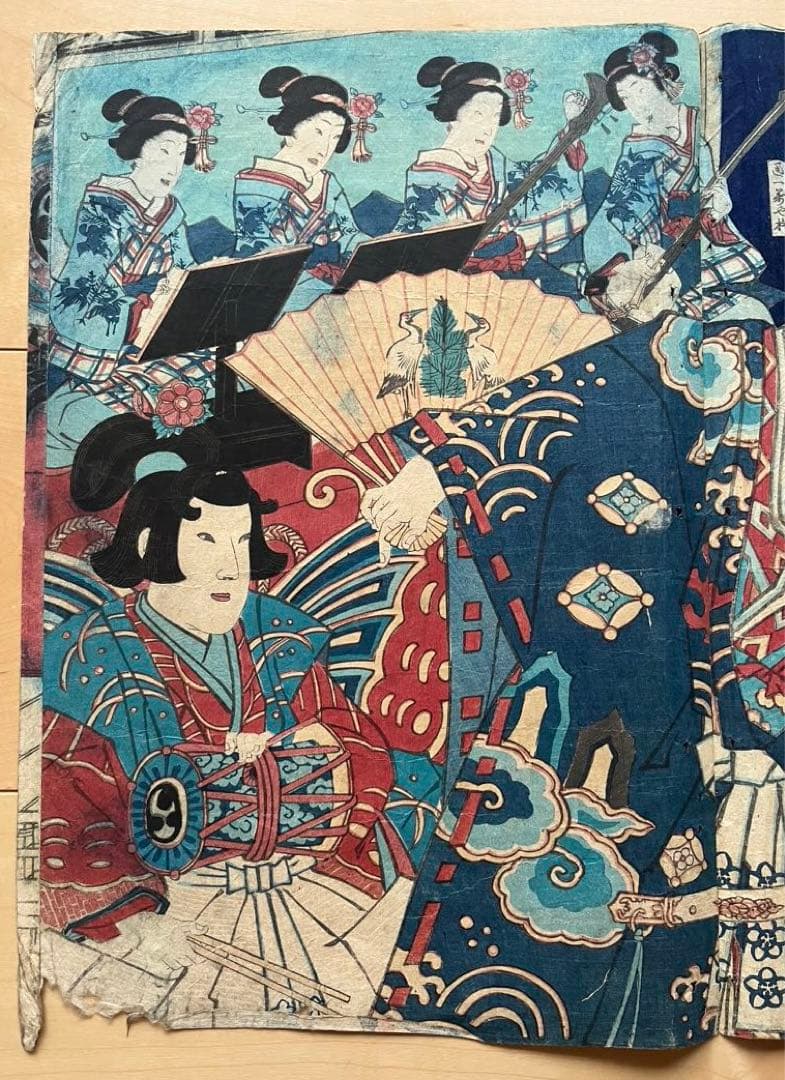 浮世絵 原画　豊原國周 版画 アンティーク美術　歌舞伎絵　木版画　3連画