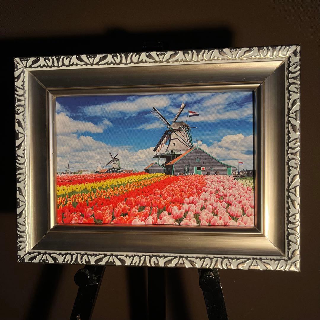 プリントアート オランダ チューリップと風車 額縁 アクリル版付き 絵画