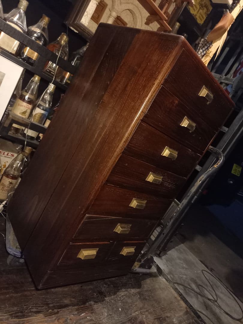 1950's　ヴィンテージ　ドロワー　欅　無垢材　継ぎ組み　細工　真鍮　金具