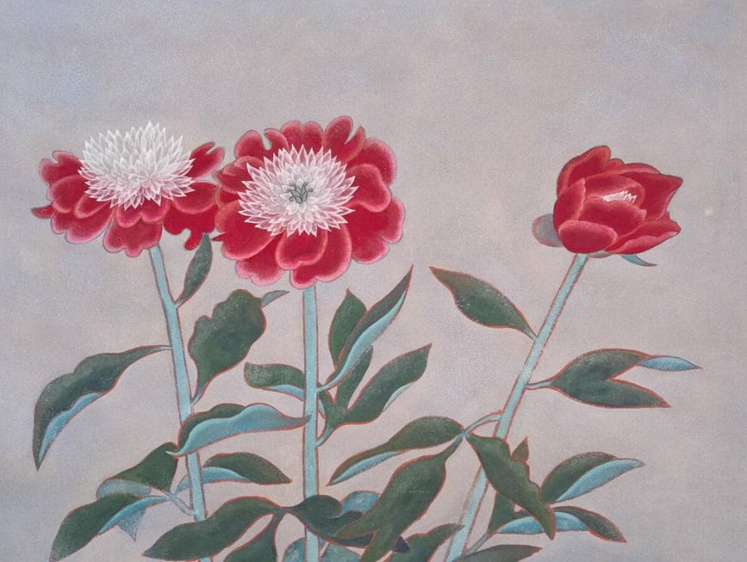 【真作】掛軸　小谷津任牛　芍薬　花鳥画　優美な彩色　日本画　共箱入　V169