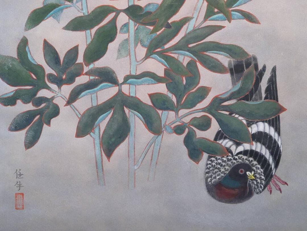【真作】掛軸　小谷津任牛　芍薬　花鳥画　優美な彩色　日本画　共箱入　V169