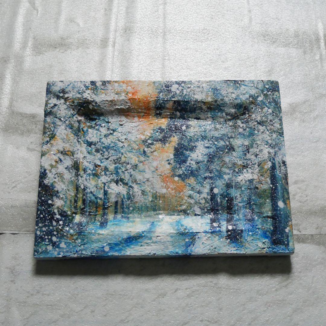 油絵 油彩 油彩画 絵 絵画 ミニ絵画【オレンジ空から降る雪】