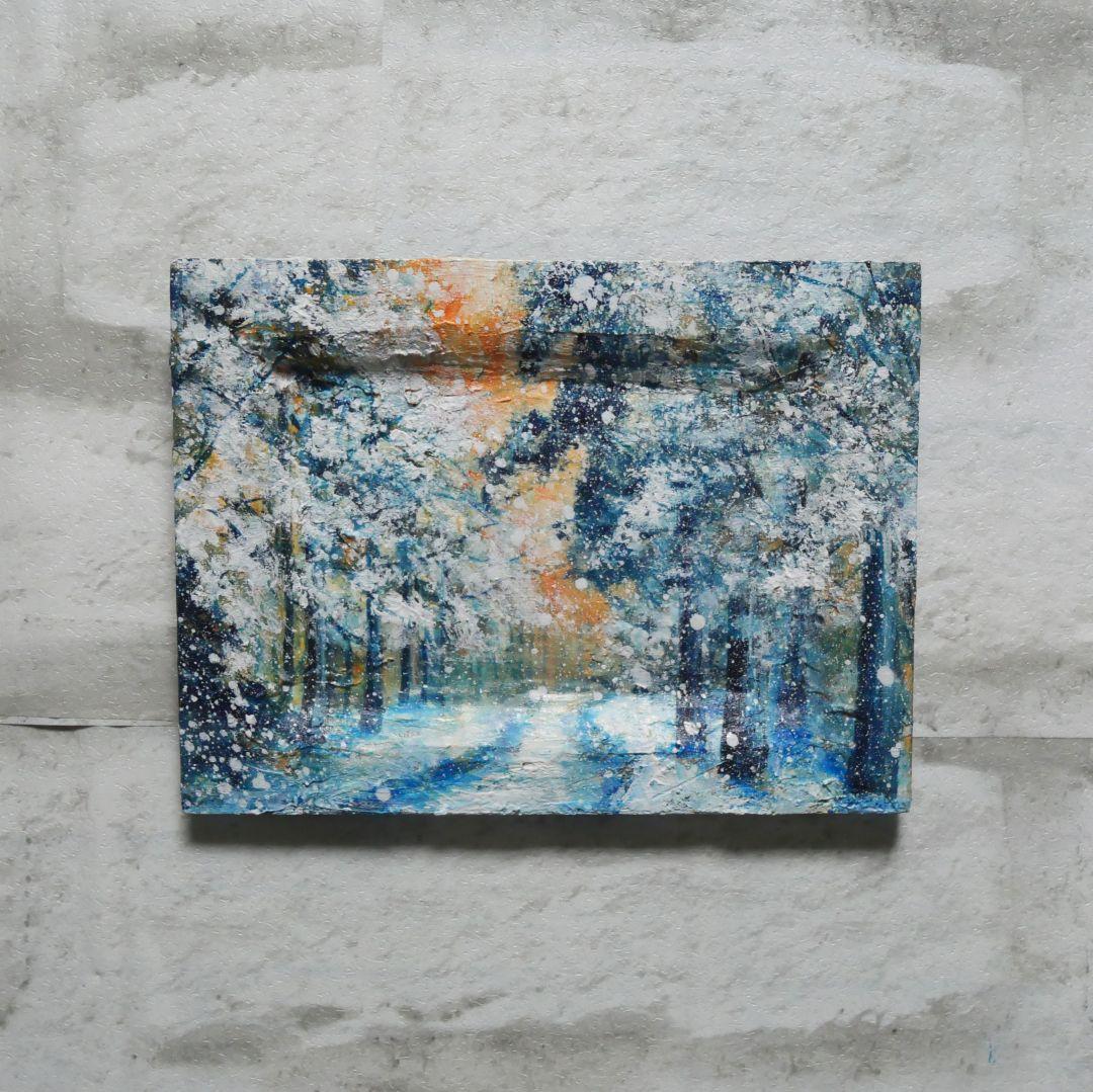油絵 油彩 油彩画 絵 絵画 ミニ絵画【オレンジ空から降る雪】