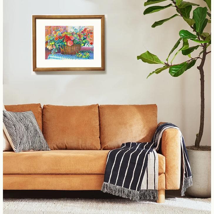 フラワー　花の絵　絵画　 赤　バスケット　ブラウン　茶色　水彩画の版画
