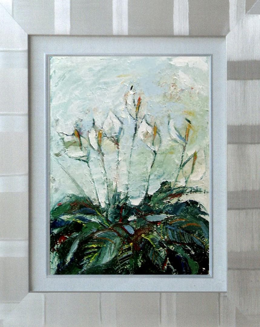 油絵 菅家令子 絵 絵画インテリア 額付(青緑＋金色の枠)uF6-111802花