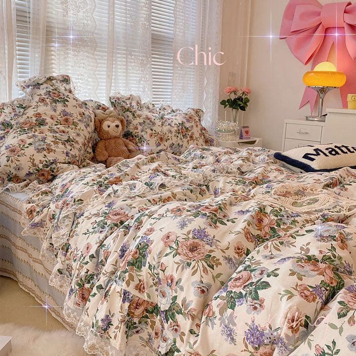 寝具3点セット 掛け布団カバー オシャレ レース 姫系　花柄　シングル　ダブル