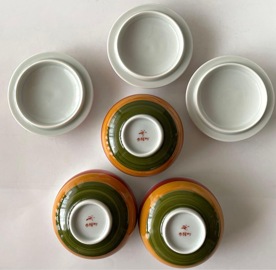 香蘭社　赤繪町工房　春蘭　深鉢＆蓋つき湯呑み3個セット