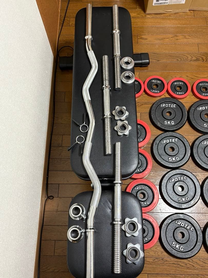 iROTEC ダンベルプレートセット90kg ベンチ台、Wバー　※都内手渡しのみ