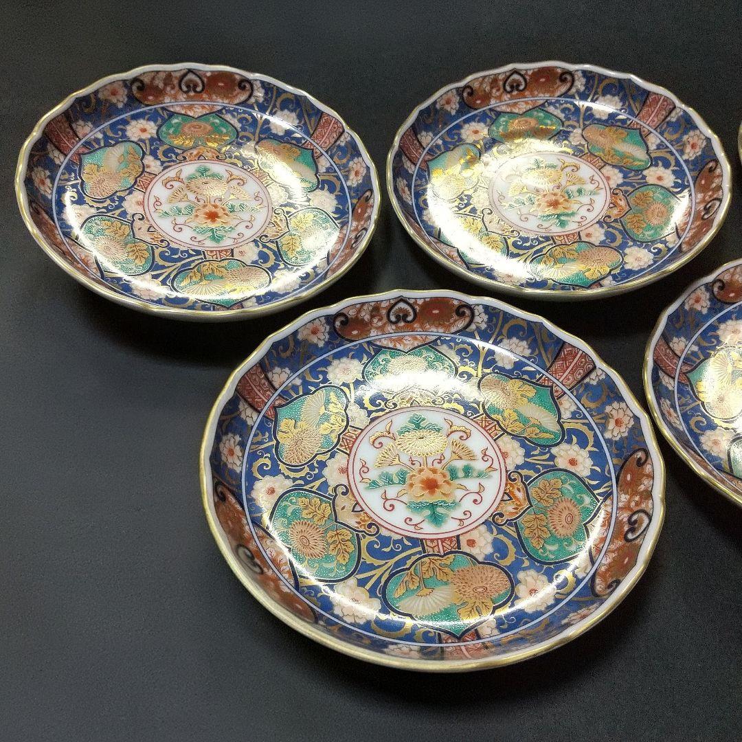 未使用品 前畑陶器 庫山窯 金蘭手 金彩菊紋 古伊万里文 約14㎝ 5枚 輪花皿