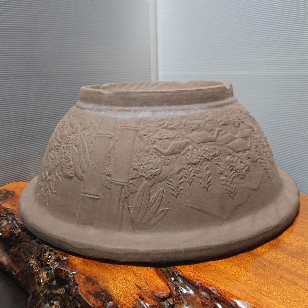 丸型 盆栽鉢 大型 特大 陶器製 竹林 彫刻 山村風景 植木鉢 bonsai