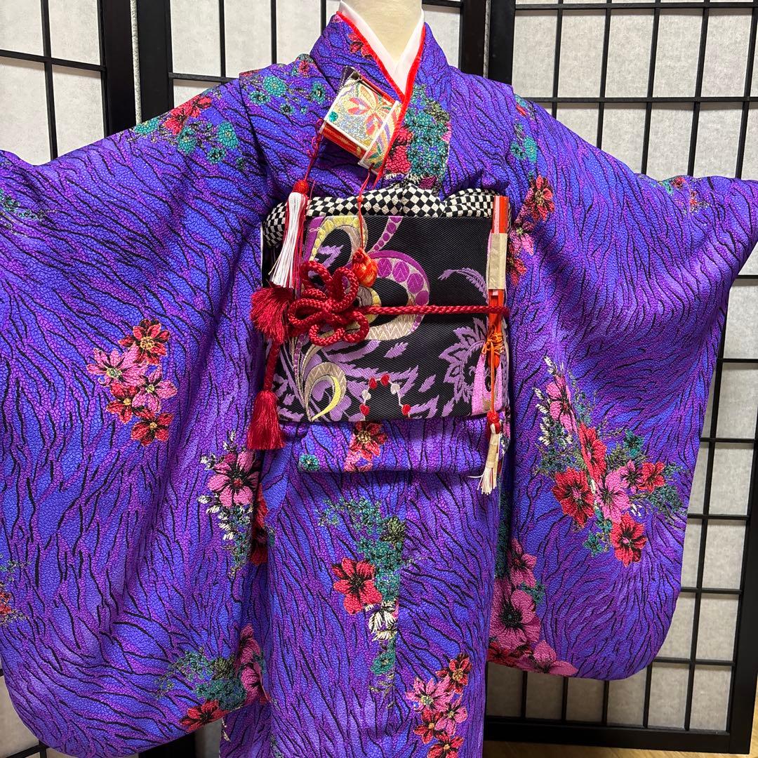 七五三着物セット　7歳　黒色　紫色　だらり帯　ぽっくり　舞妓　個性的
