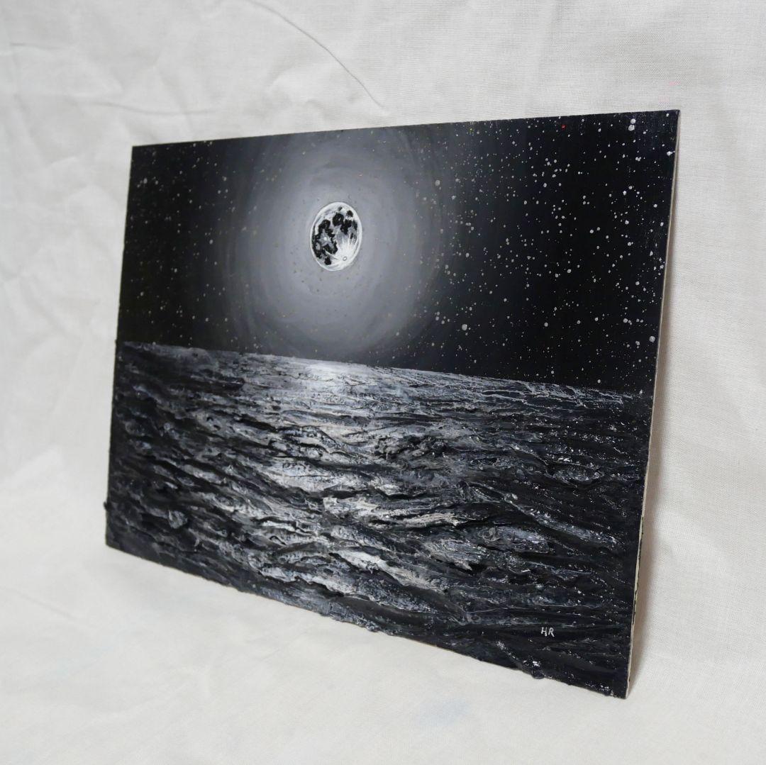 油絵 油彩 油彩画 絵 絵画 【白黒の満月と星空の海】
