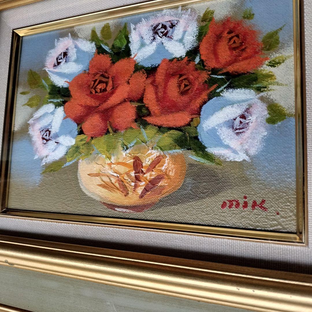 大正レトロ 深みのある鮮やかな 薔薇の絵 ／赤薔薇と青みがかった白い薔薇 額装