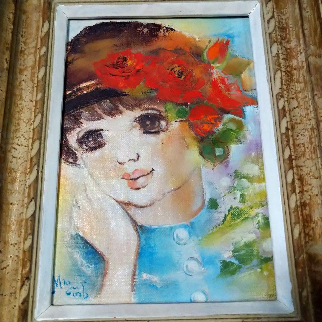 小林恵　バラの帽子　絵画　油彩　額装　アンティーク