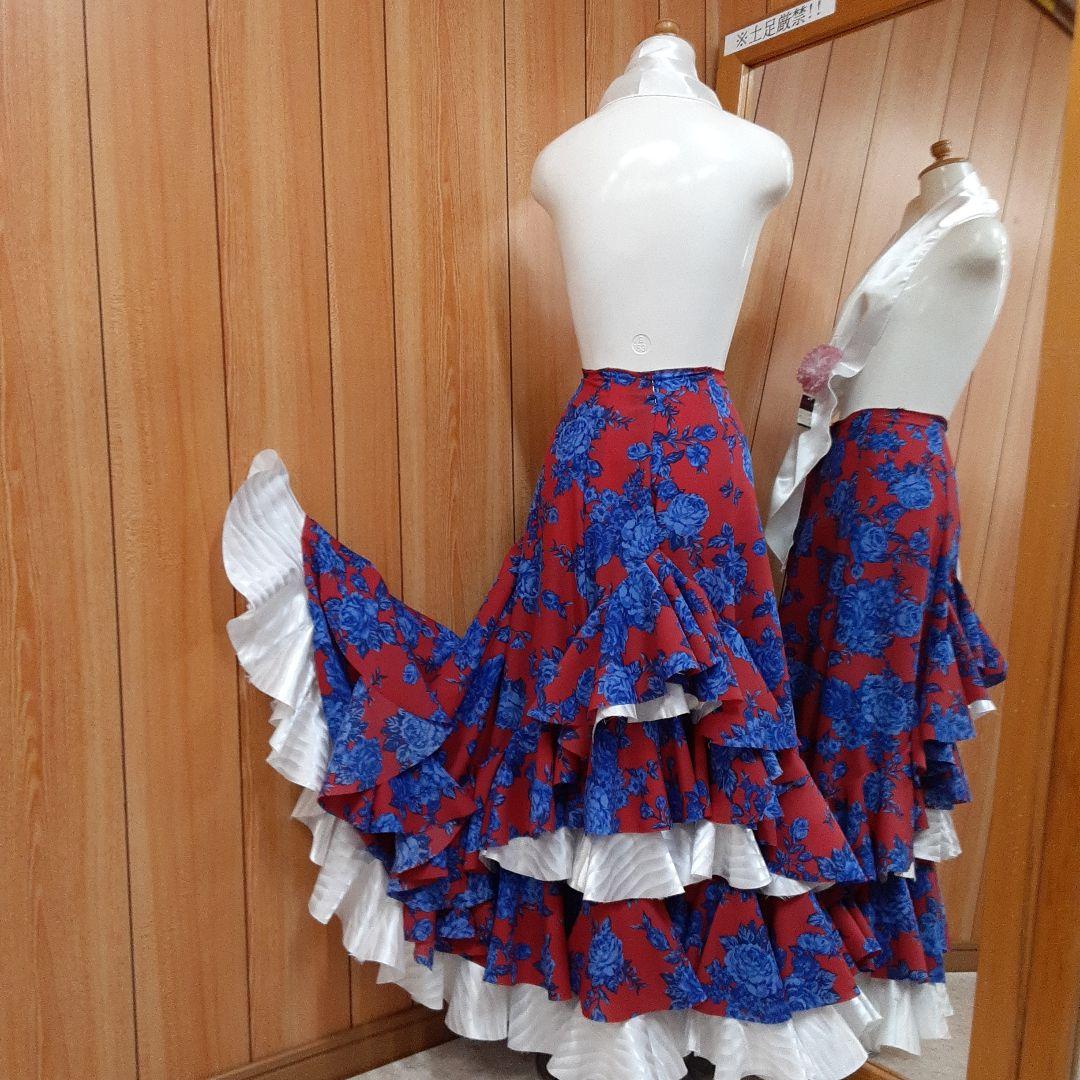 フラメンコ衣装　☆ファルダのみ　赤地青バラ/白波サテン美しいファルダです！