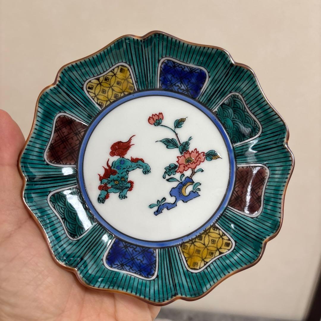 新品　九谷焼 玉峰 色絵 獅子 牡丹 手描き 小皿 プレート 5客 八角皿