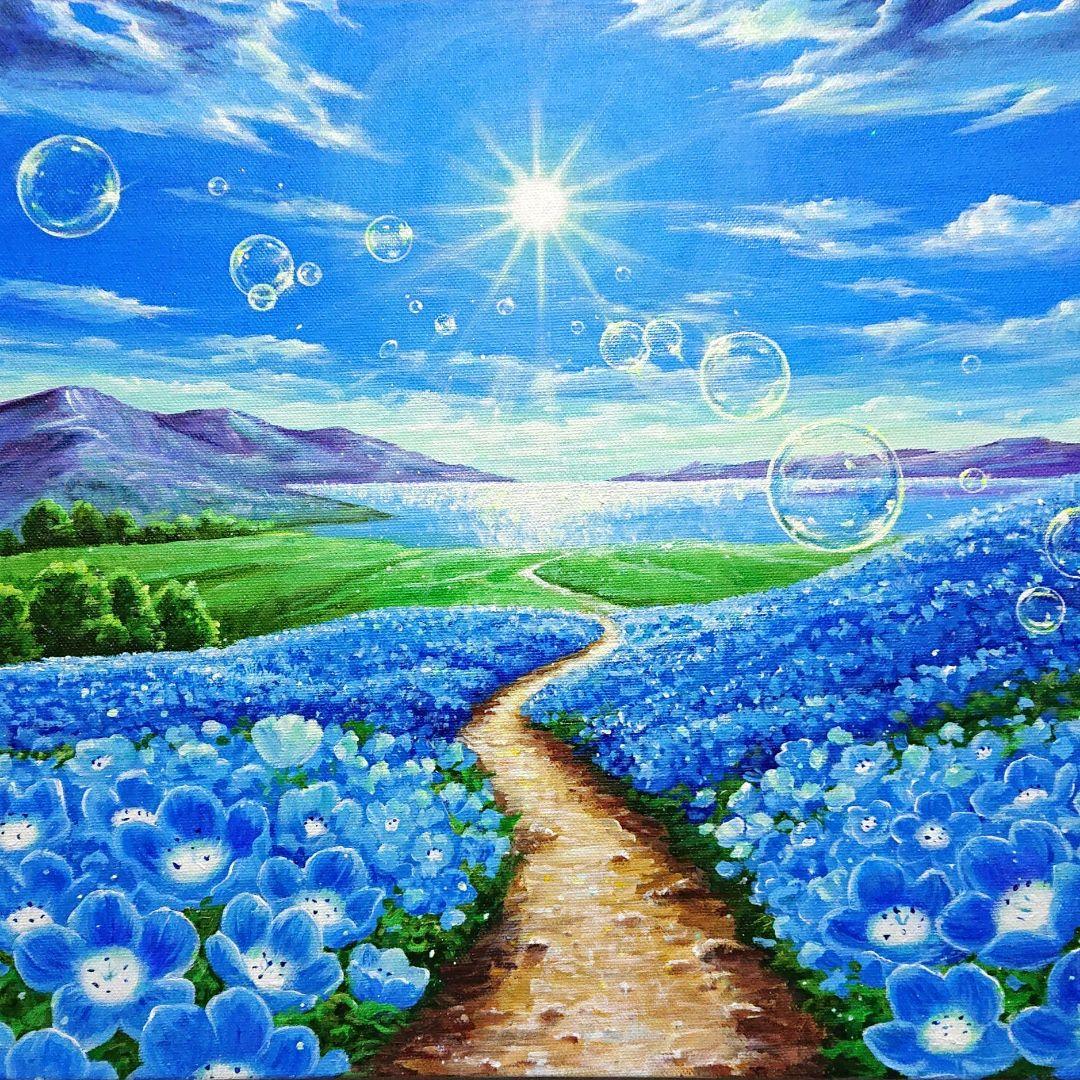 【ネモフィラが続く道】アクリル画 F6 風景画 絵画