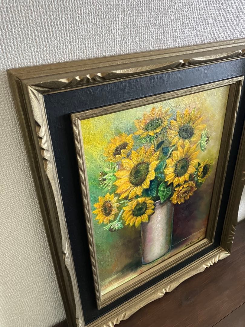 HaRu 向日葵 ひまわり 花瓶 絵画 油絵 ♪ アンティーク 額縁 F6