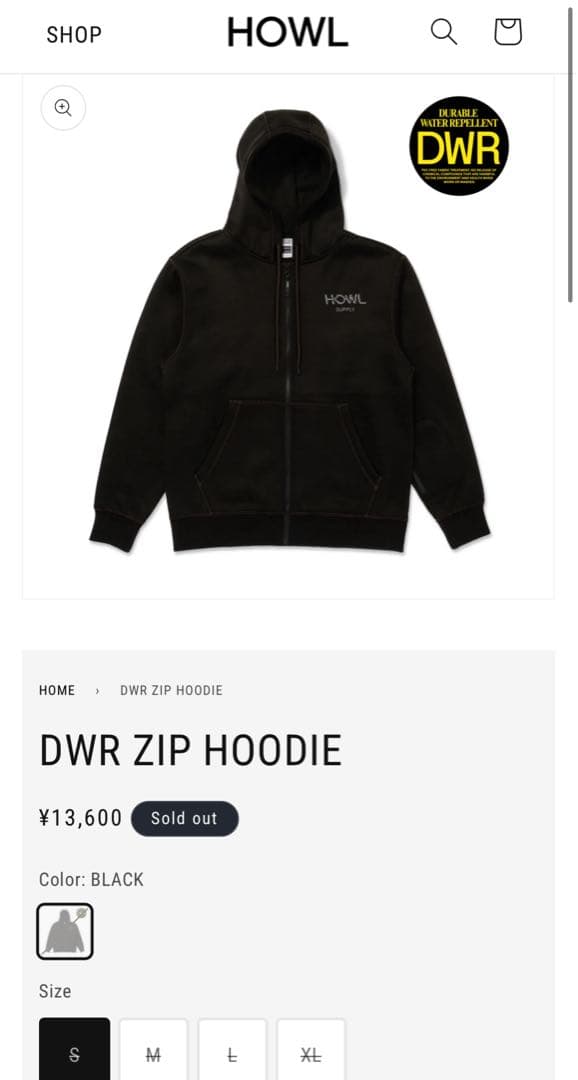 値下げ 25-26 HOWL DWR ZIP フーディー Mサイズ(US)