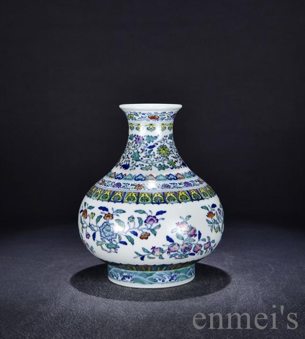 中国古美術・大清雍正紋・闘彩折枝花果紋玉壺春瓶・花瓶・唐物・古陶磁器・文房置物
