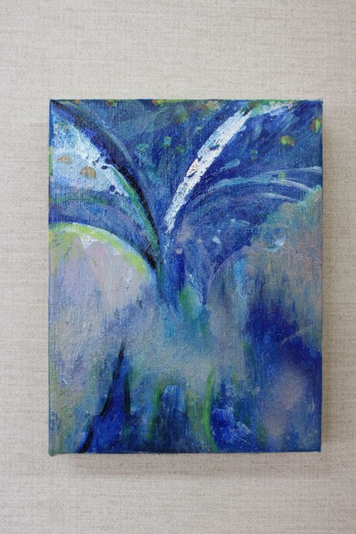【F0号】【油彩】untitled 蝶 シルバー 青と緑の抽象油彩画