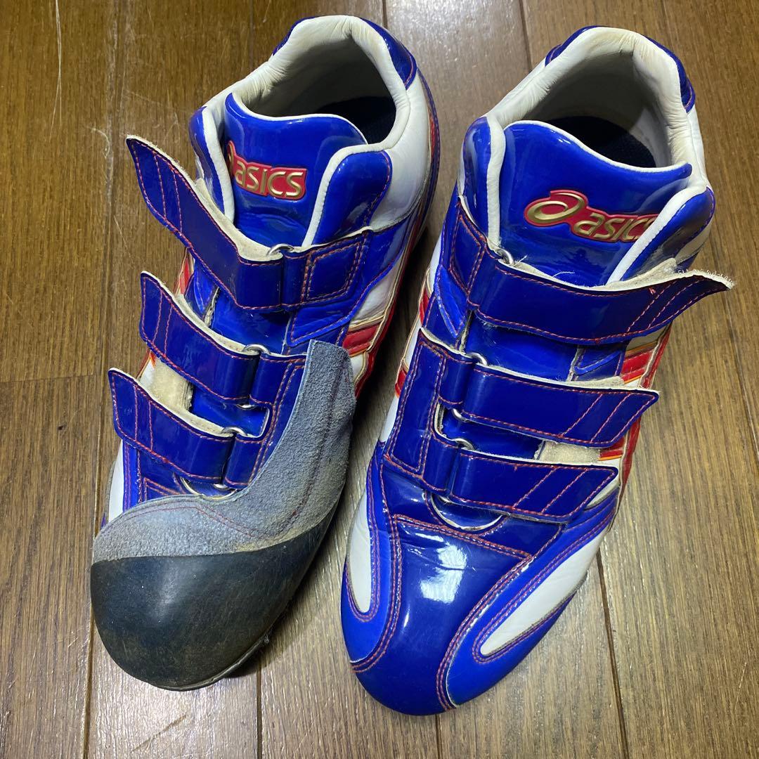asics 野球スパイクシューズ 青/白/赤 ベルクロ、ゴールドステージ