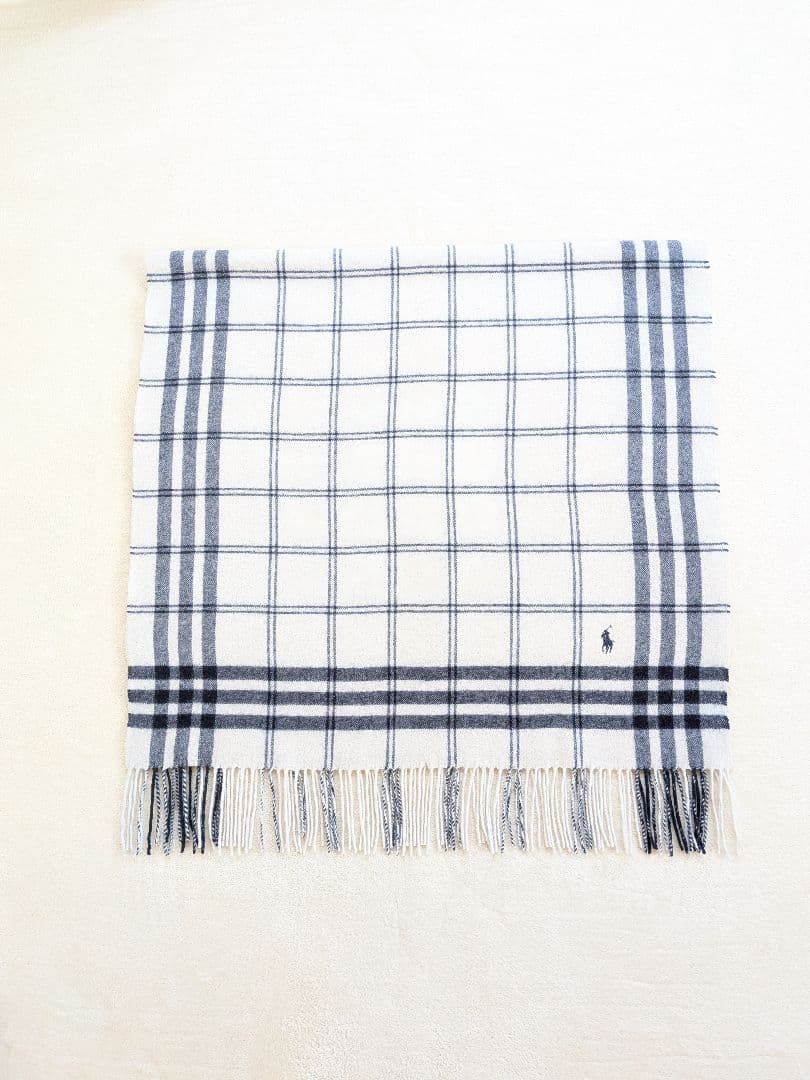 ラルフローレン　ブランケット　ホワイト&ブルー　WOOL100%　アウトドア