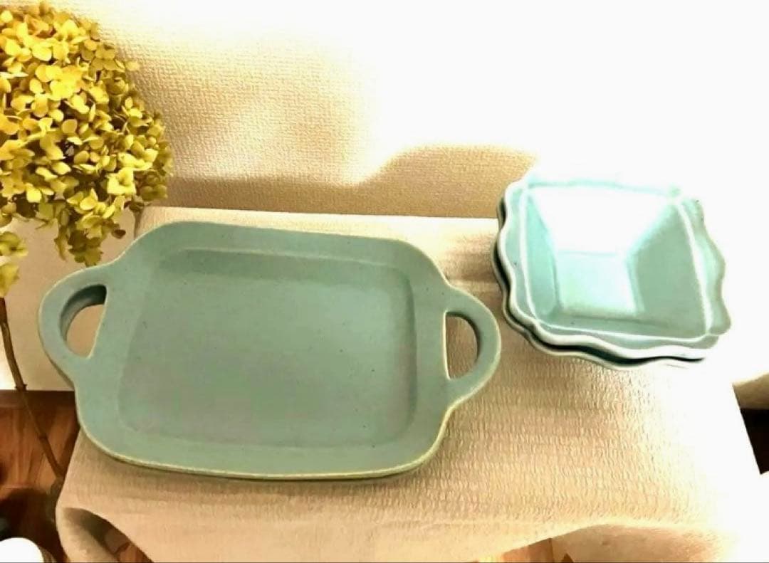よしざわ窯　4枚　手付きブルーグレー　西洋正方鉢