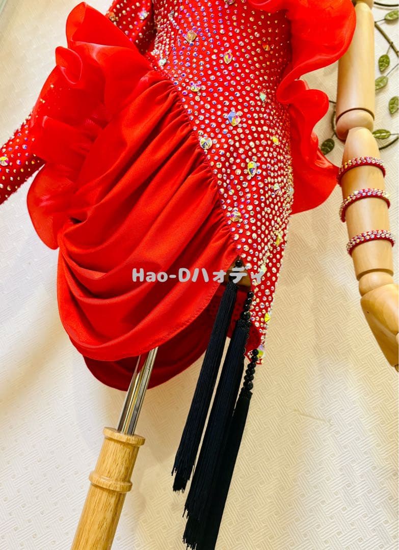 新品★ラテンドレス★フリル★赤黒フリンジ★社交ダンス★競技