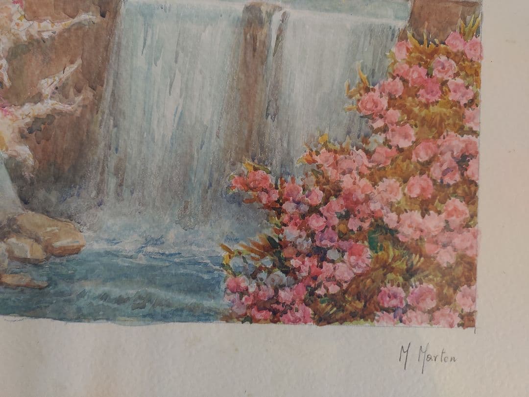 M. Martin 水彩画 「滝」サイン入り