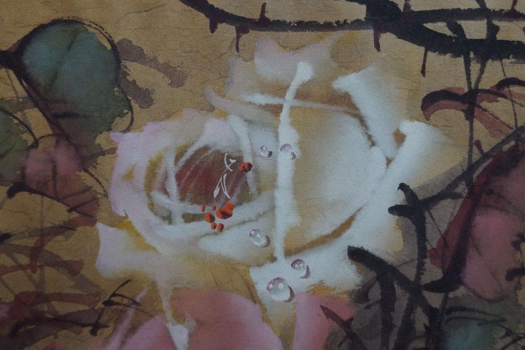 台湾画家 李源海 作 水墨画『薔薇図』大型額装入 紙本 嶺南画派伝承者 中国画