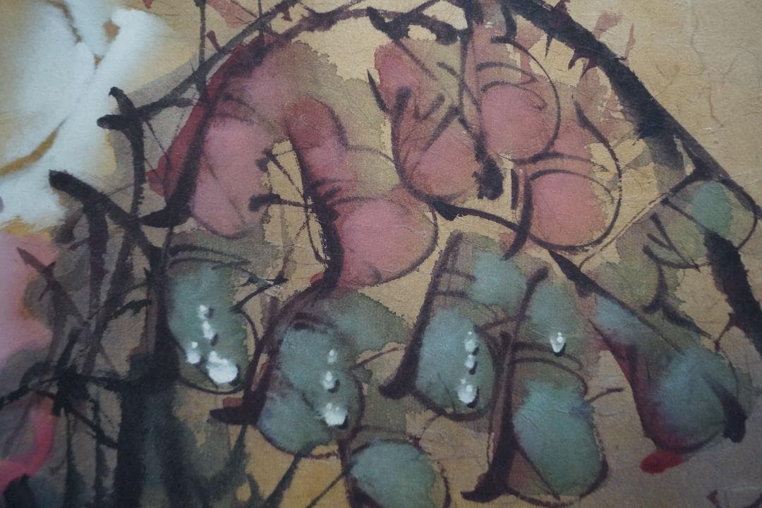 台湾画家 李源海 作 水墨画『薔薇図』大型額装入 紙本 嶺南画派伝承者 中国画