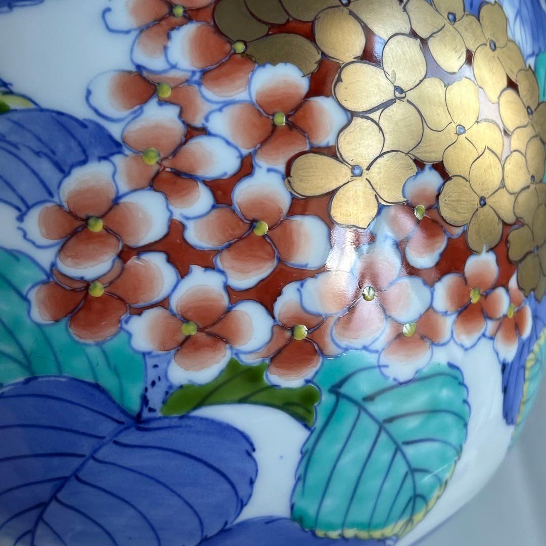 文右衛門作 錦あじさい絵　手描き　壺　花瓶　花器 インテリア　大きい　桐箱付