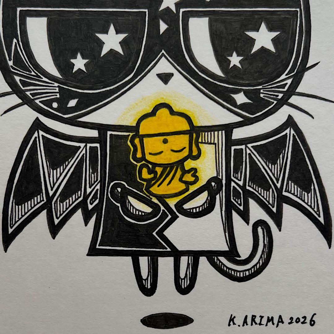 動物 原画 絵 手描き 癒し 猫 仏様 一点物 額縁付き 『ほとけニャン』