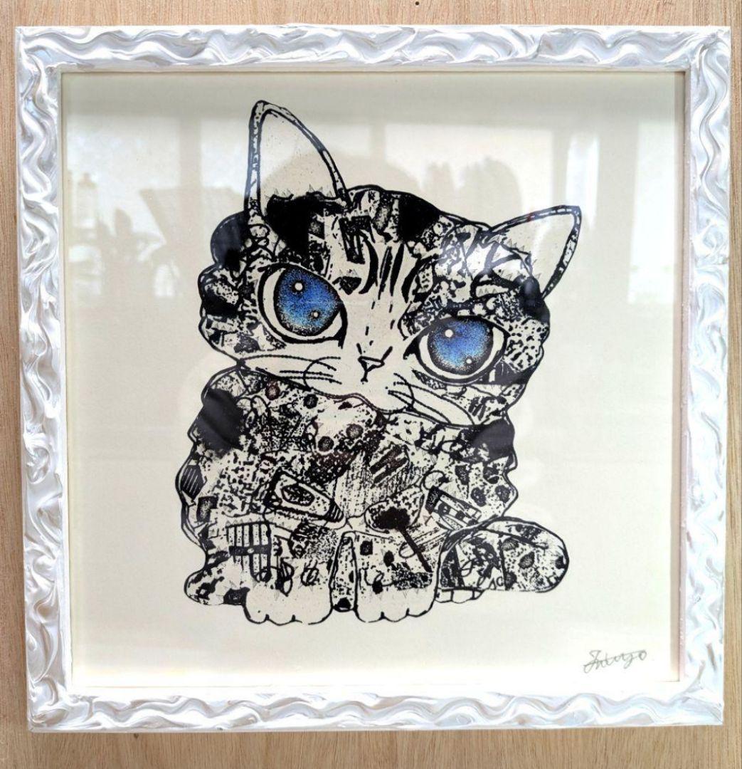 今月ラス2❗スイカ大✨　手作り額付き作品　「きらめきニャンコ」