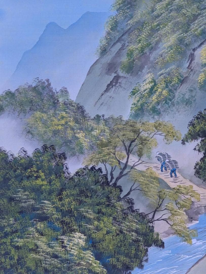 【真作】掛軸　渓谷を行く旅人　静謐な自然美　精緻描写　合箱入　R112
