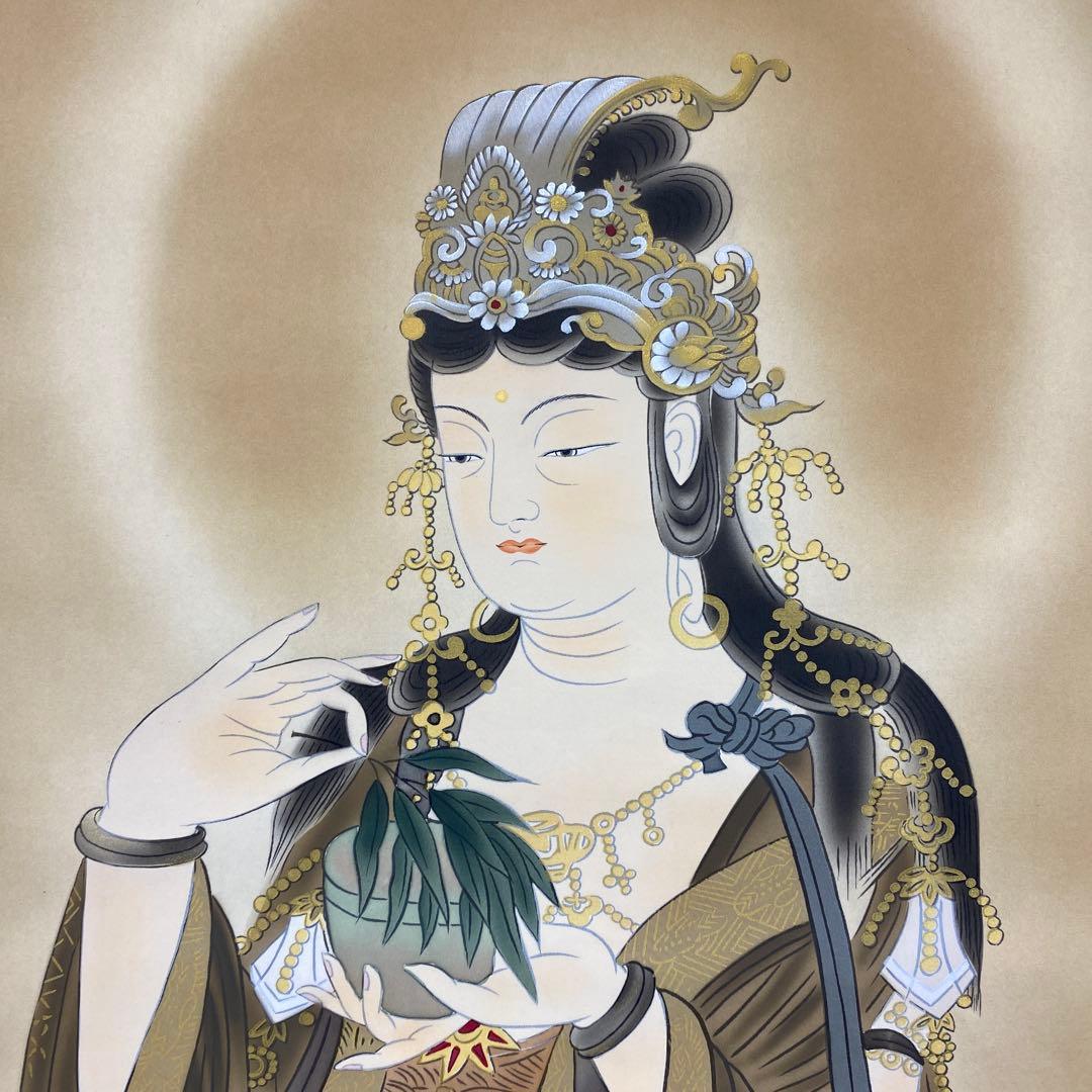 美品 掛け軸 川村観峰作 楊柳観音像 共箱 証明書付き 仏教美術 仏画 年中掛け