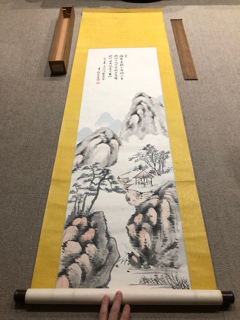 水墨畫。山水。戰前。名作家「福岡 敬堂」七十三才時の作品。共箱。古美術。骨董品。