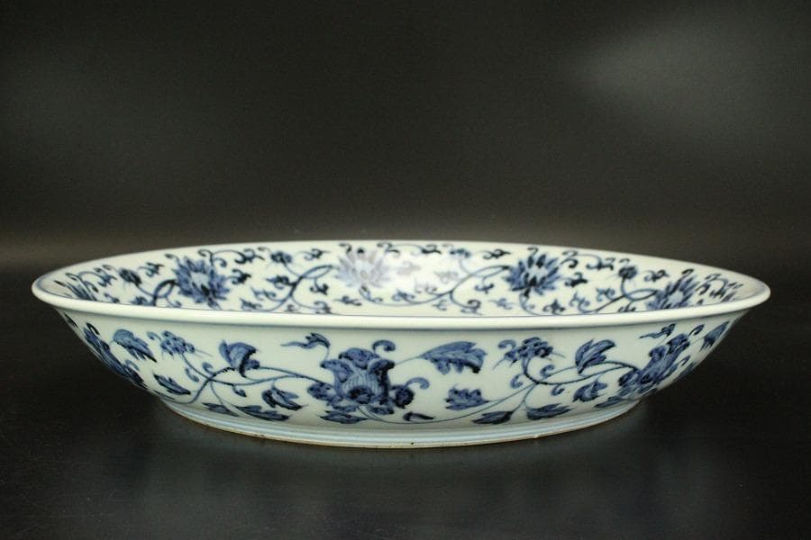 中国美術 青華 獣紋 纏枝蓮花紋 皿 φ40cm(ZE921)