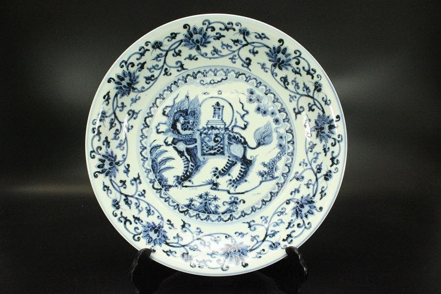 中国美術 青華 獣紋 纏枝蓮花紋 皿 φ40cm(ZE921)
