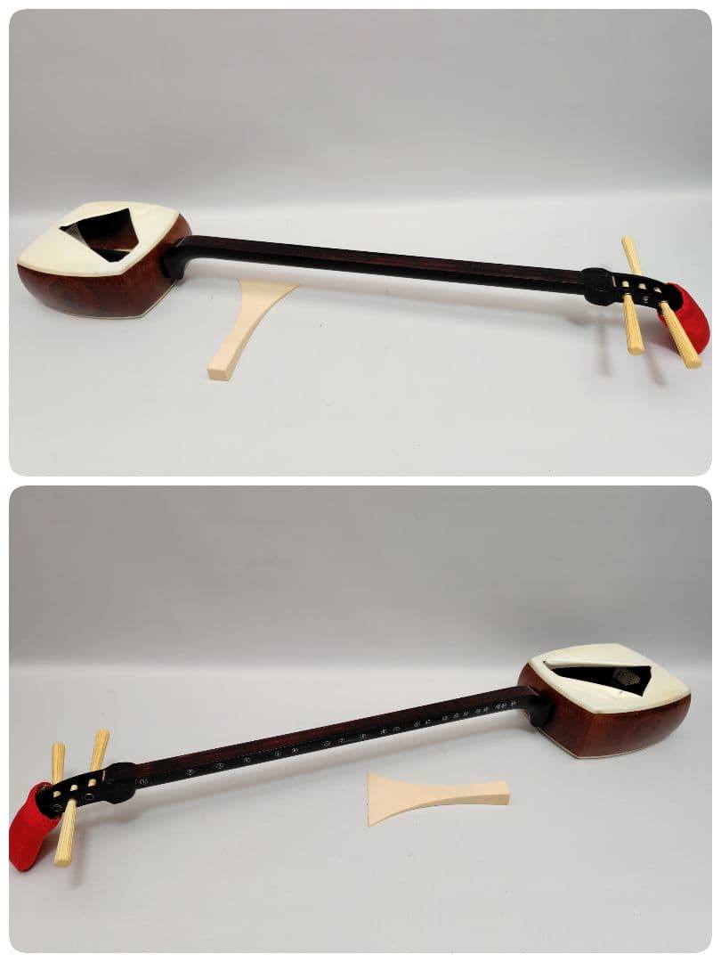C059 【中古】三味線（子持ち綾杉／金細／二本溝）ケース付（バチ有）／修理前提