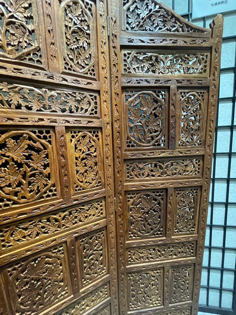 ★木製透かし彫り 4連パーテーションアジアン 衝立木製彫刻パーテーション