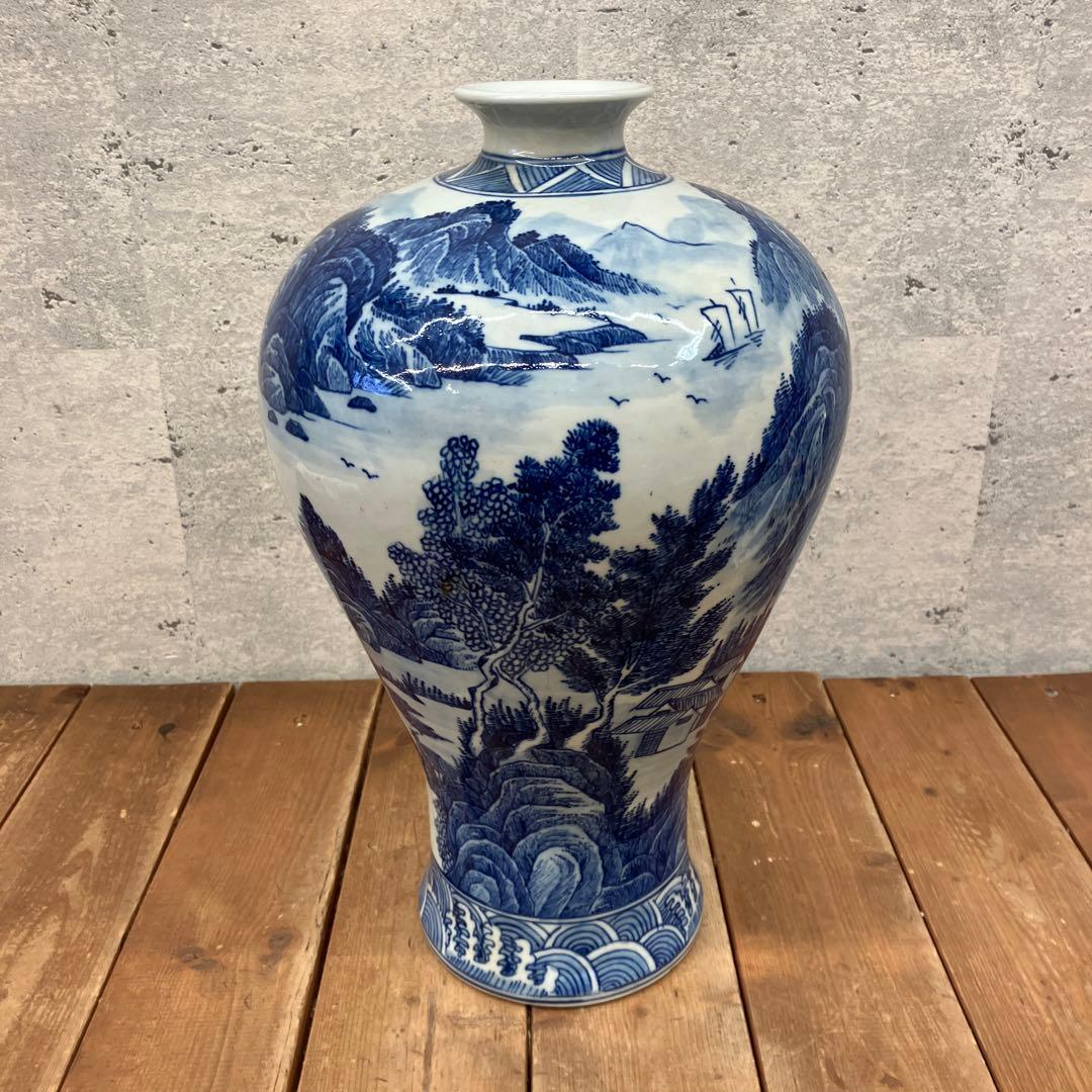 昭和レトロ 中国美術 大清康照年製 陶器製 染付 山水図 花瓶 壺 飾り壺 花器
