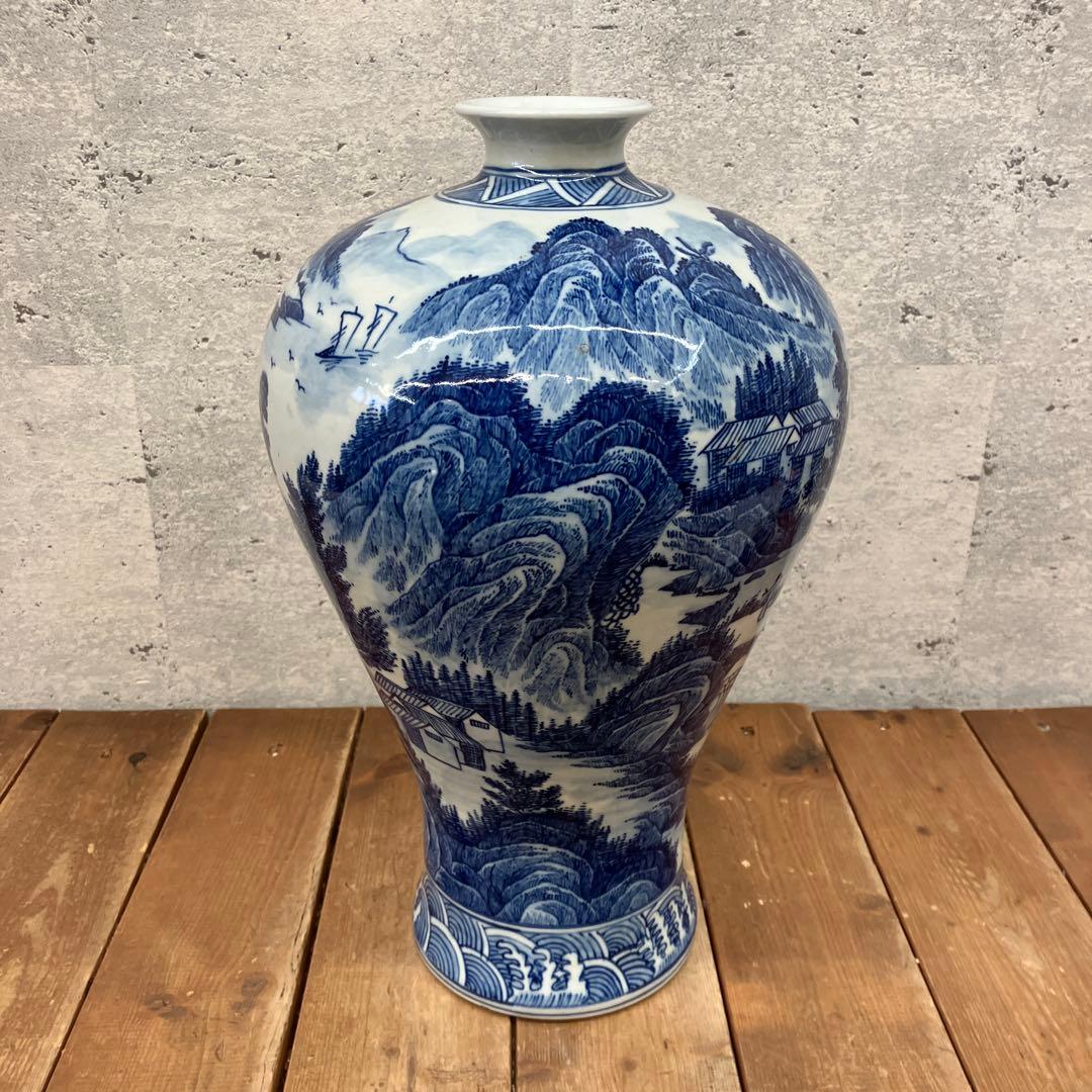 昭和レトロ 中国美術 大清康照年製 陶器製 染付 山水図 花瓶 壺 飾り壺 花器