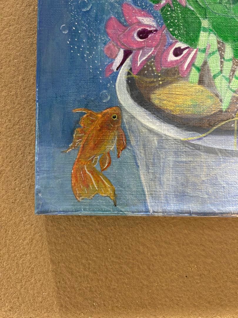 水中花と金魚•デンドロビウム　アクリル画　絵　絵画　呼吸