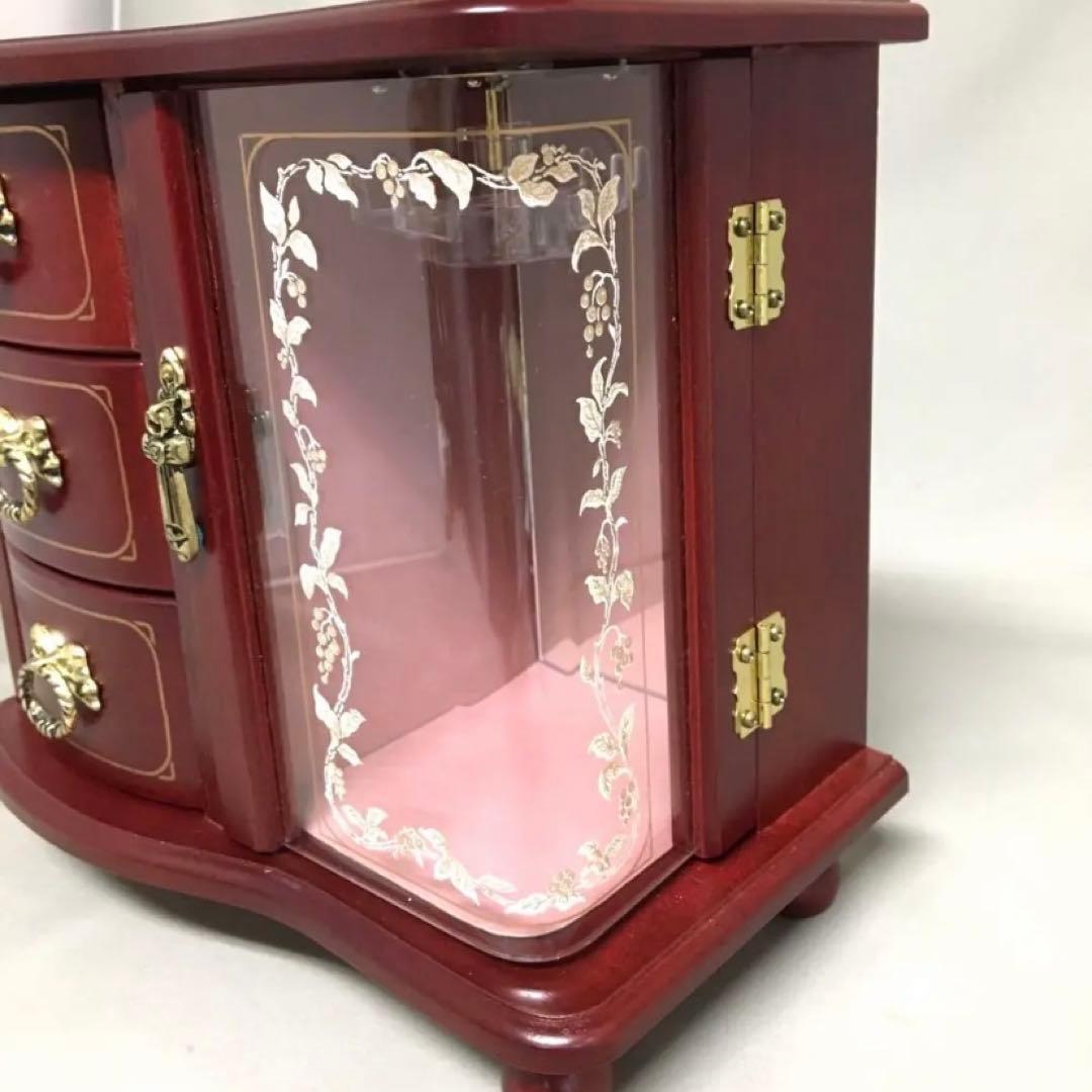 【新品未使用】 ワインレッド 木製宝石箱３段 オルゴール付 ケース ジュエリー