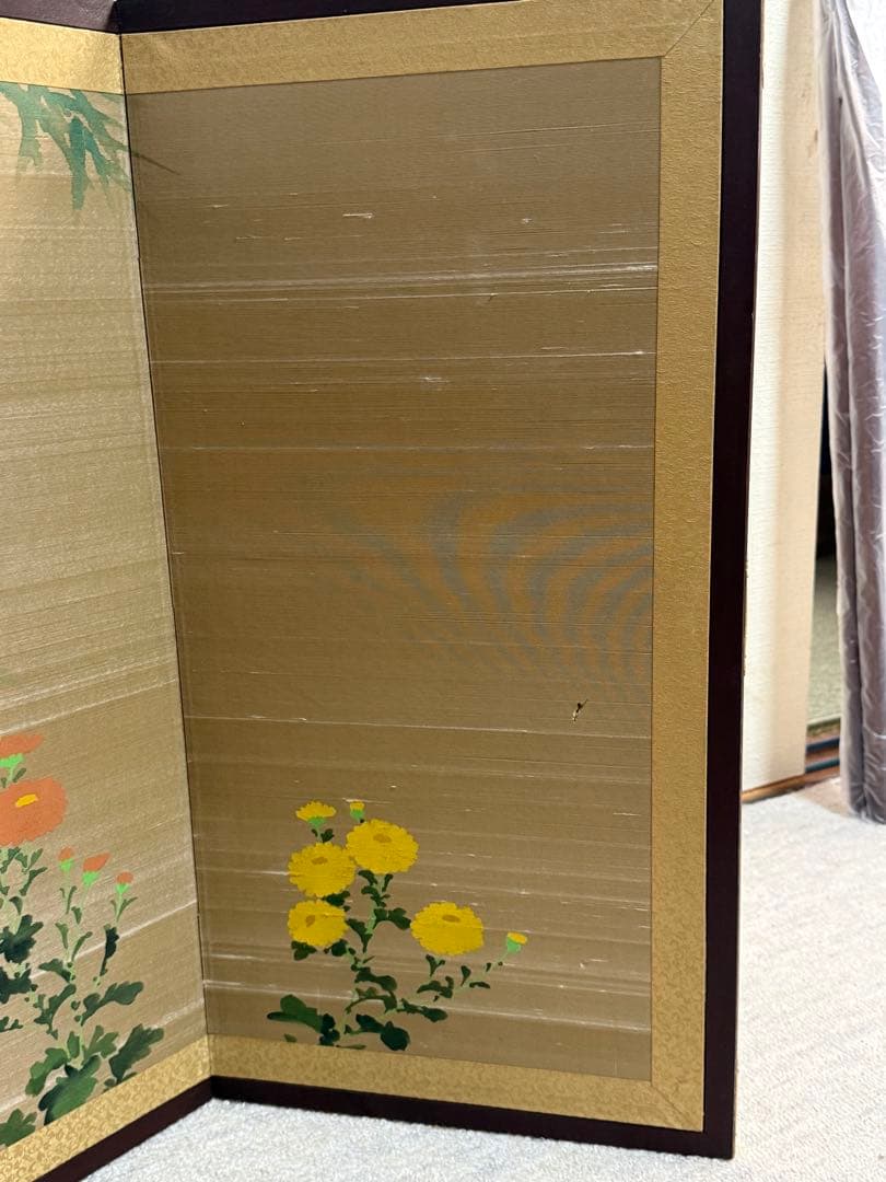 栄山作　屏風　竹菊紋　アンティーク　送料込み260309